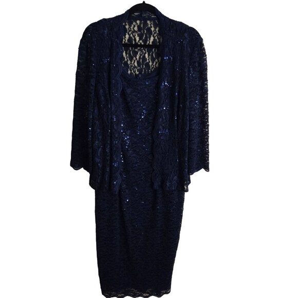 Alex Evenings Sequined Lace Sheath Dress Jacket Navy Midi Mother Of Size 12 - Picture 2 of 9